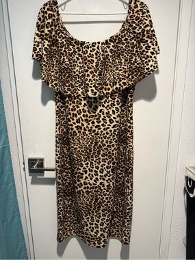 Almost Famous Leopard Print Off-Shoulder Midi Dress - Brown/Black